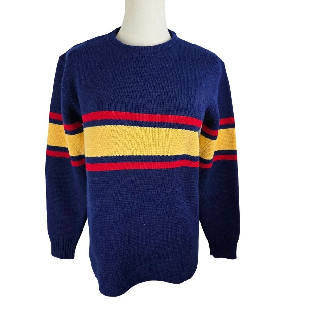 Vintage 80s Jersild Knit‎ Crewneck Sweater Large  Navy Red Yellow Stripes Preppy